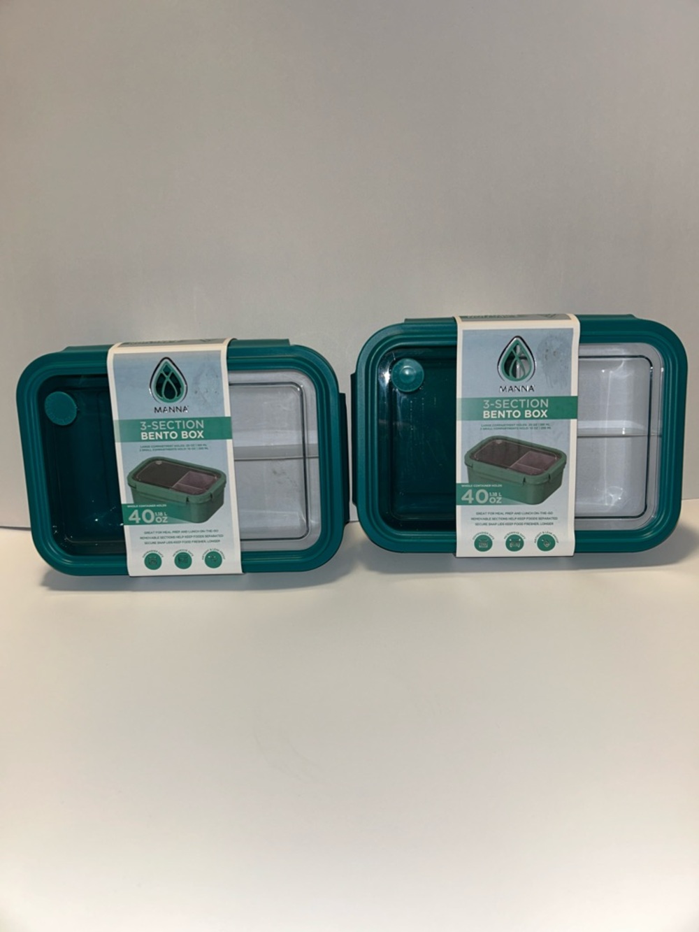 Manna Set of 2 3-Section Bento Box in teal, featuring a total capacity of 40 oz. - Picture 2 of 16